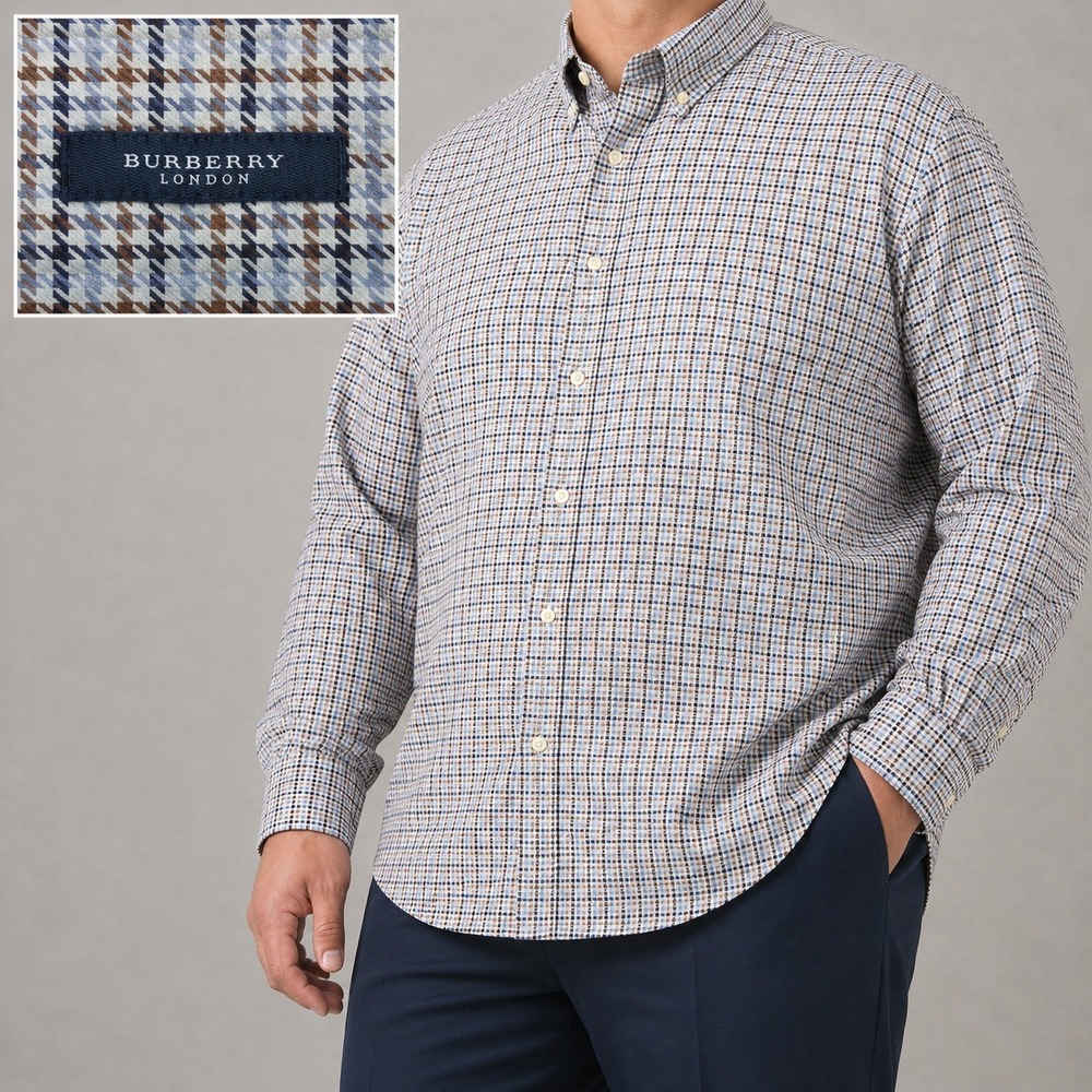 Burberry Shirt Mens XL Button Down Blue Brown Plaid Made in USA Houndstooth